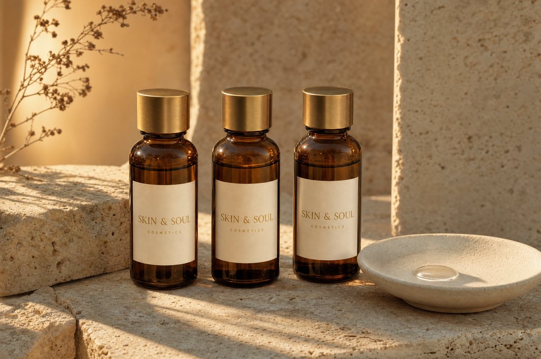 Drei Braunglasflakons mit goldenem Skin-und-Soul-Etikett auf Travertin